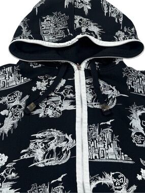 Vintage Y2k Koman Modern Basics Skulls AOP Hoodie Full Zip Black Grunge Men 2XL